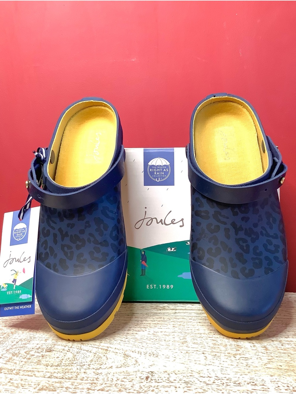 JOULES Navy & Yellow Leopard Slip-On Rubber Welly Clogs W/ Backstrap Waterproof